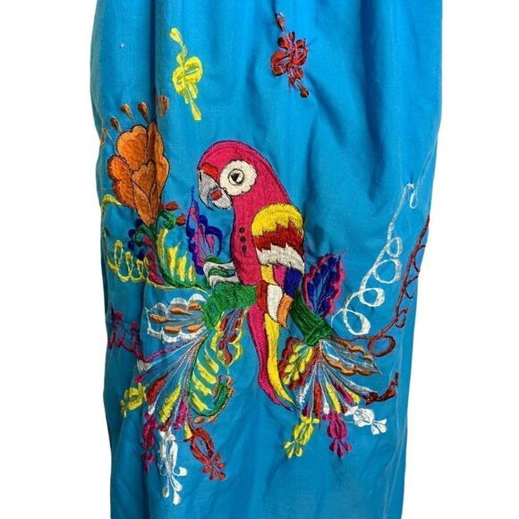 Vintage Embroidered Mexican Shift Dress S Blue Short Sleeves Parrot Square Neck - Picture 3 of 6